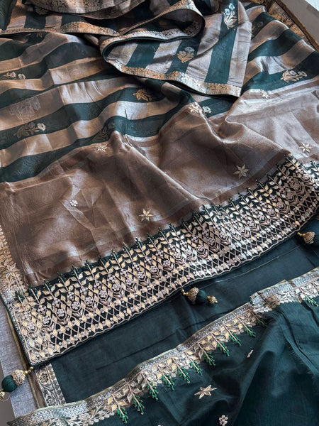 Royal Banarasi Silk Saree With Zardozi Heritage Border & Dual Tone Stripes