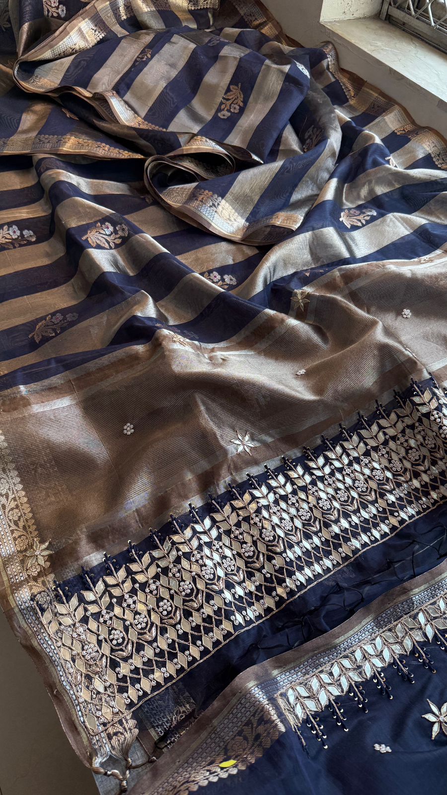 Zardozi Heritage Border On Banarasi Silk Dual Tone · 48 Artisan Hours of work · The Mehfil Edit