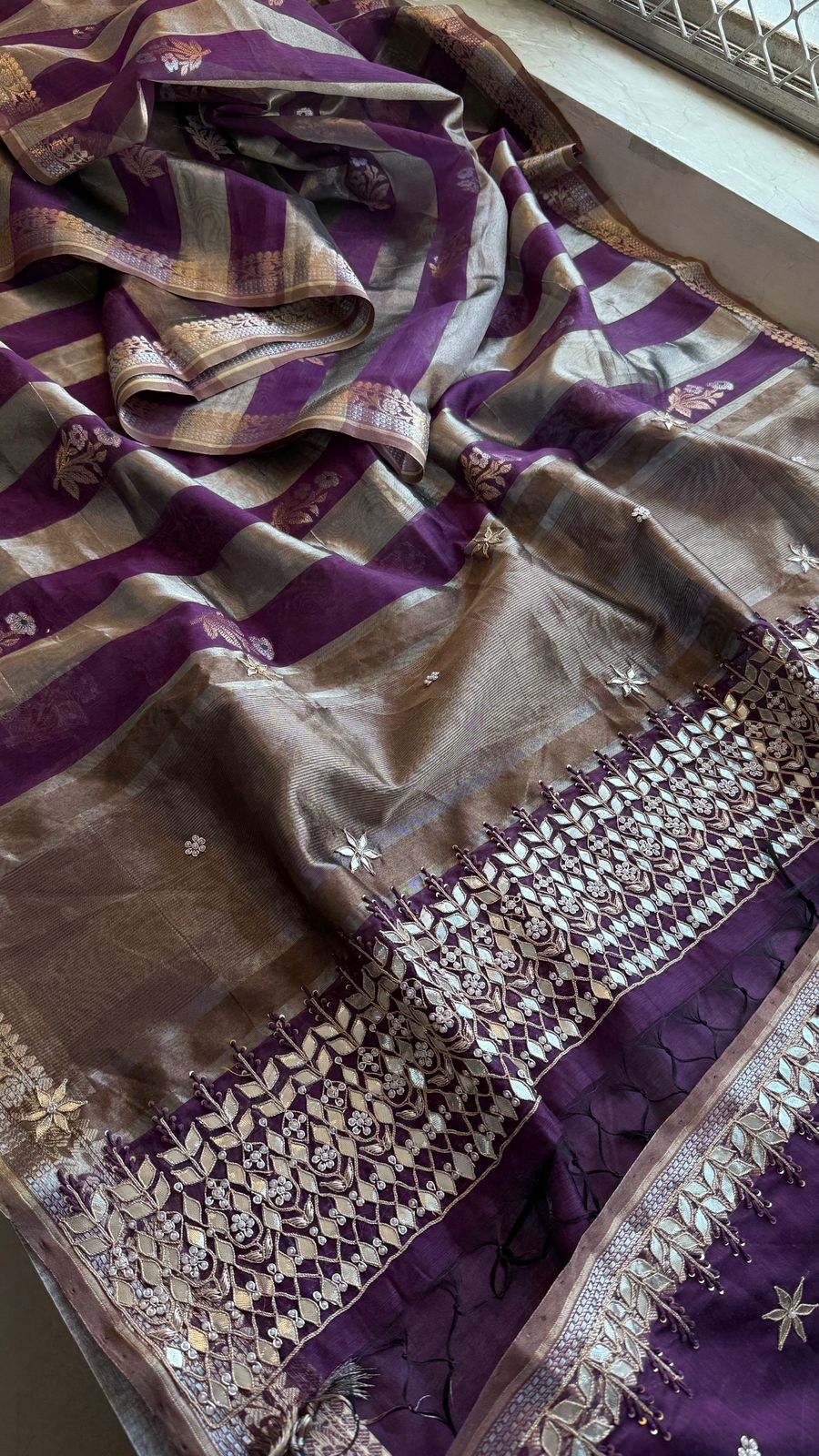 Zardozi Heritage Border On Banarasi Silk Dual Tone · 48 Artisan Hours of work · The Mehfil Edit