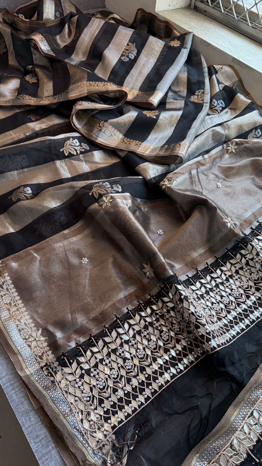 Zardozi Heritage Border On Banarasi Silk Dual Tone · 48 Artisan Hours of work · The Mehfil Edit