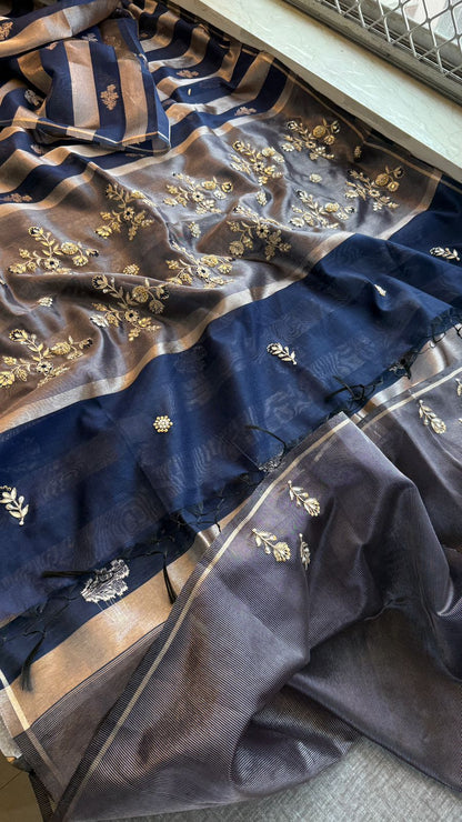 Zardozi Floral Panel On Striped Banarasi Silk · 52 Artisan Hours of work · The Sunehri Edit