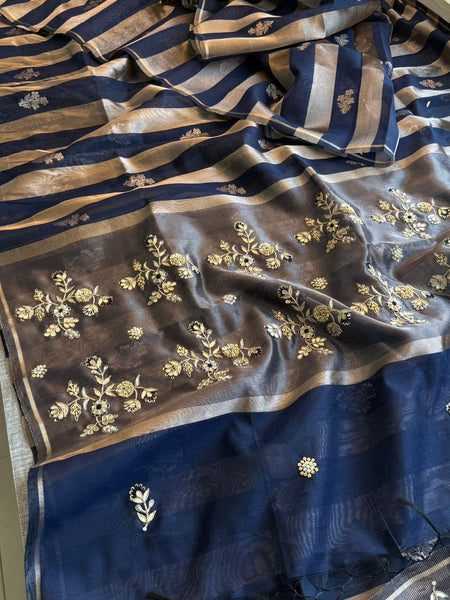 Royal Striped Banarasi Silk Saree With Handcrafted Zardozi Floral Panel