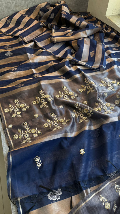 Zardozi Floral Panel On Striped Banarasi Silk · 52 Artisan Hours of work · The Sunehri Edit