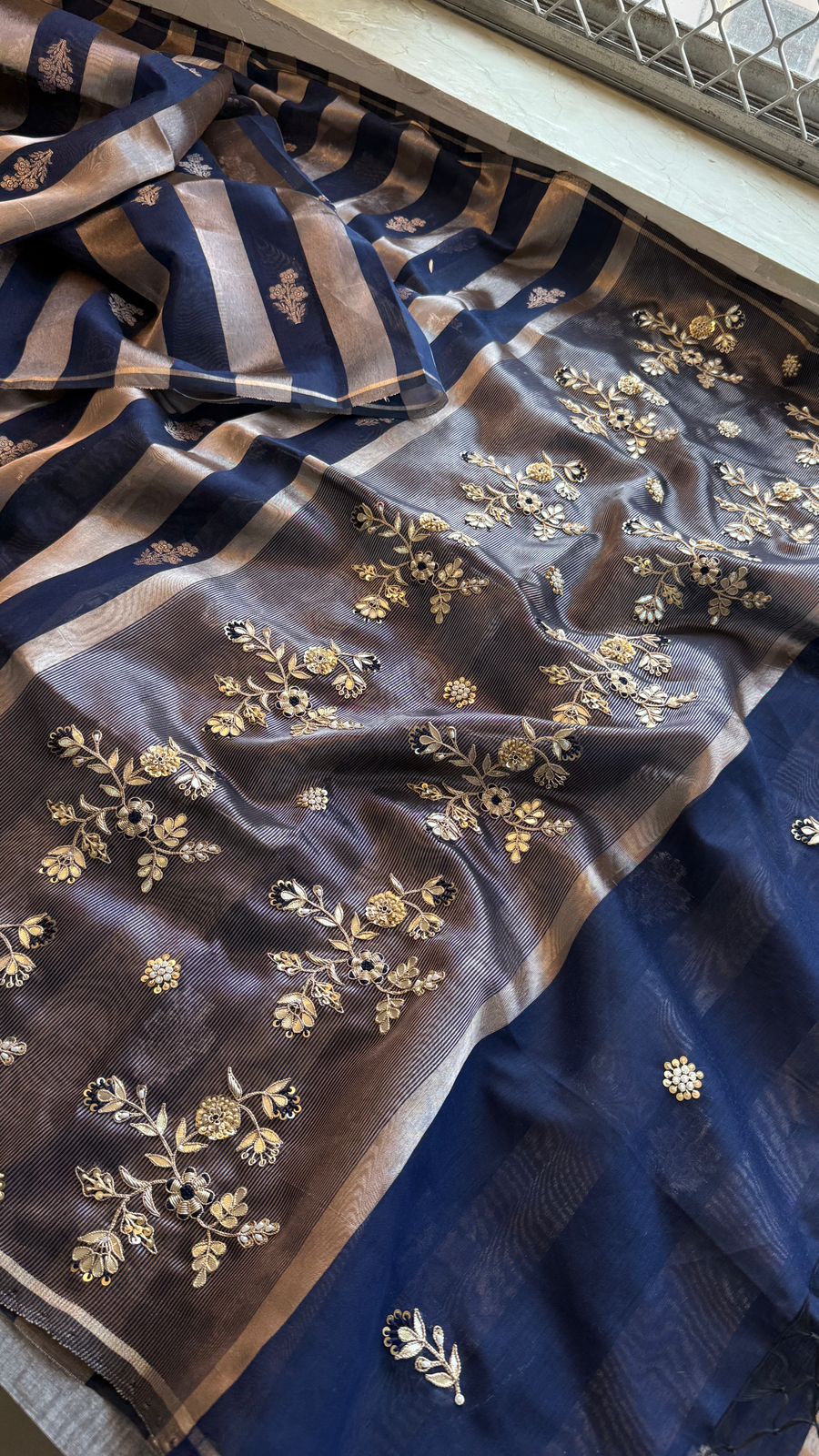 Zardozi Floral Panel On Striped Banarasi Silk · 52 Artisan Hours of work · The Sunehri Edit