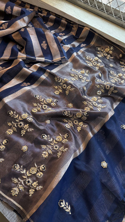 Zardozi Floral Panel On Striped Banarasi Silk · 52 Artisan Hours of work · The Sunehri Edit