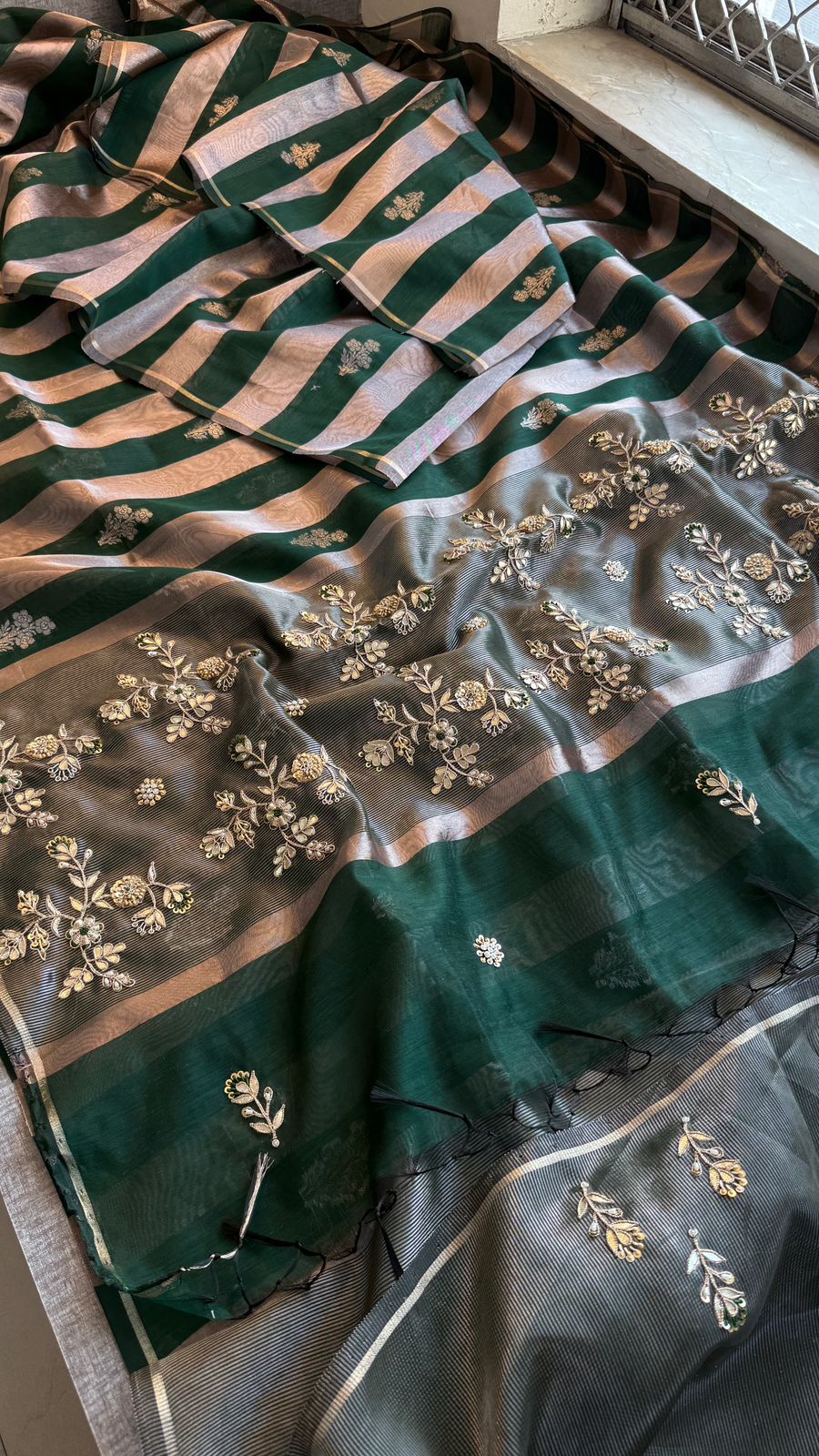 Royal Striped Banarasi Silk Saree With Handcrafted Zardozi Floral Panel