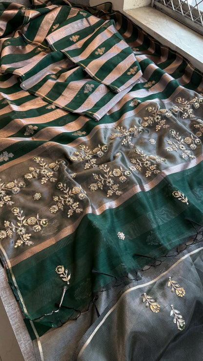 Zardozi Floral Panel On Striped Banarasi Silk · 52 Artisan Hours of work · The Sunehri Edit