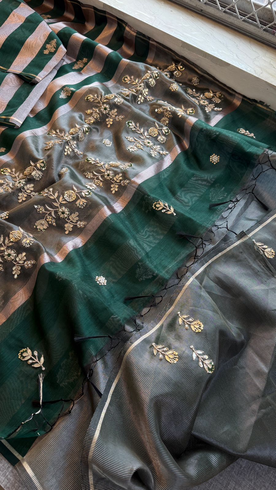 Zardozi Floral Panel On Striped Banarasi Silk · 52 Artisan Hours of work · The Sunehri Edit
