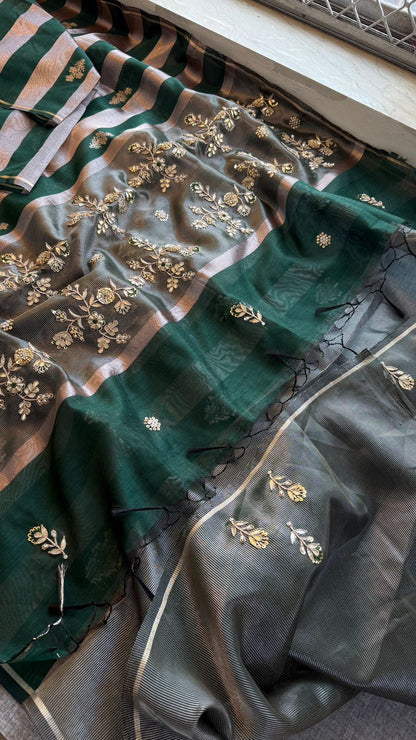 Zardozi Floral Panel On Striped Banarasi Silk · 52 Artisan Hours of work · The Sunehri Edit