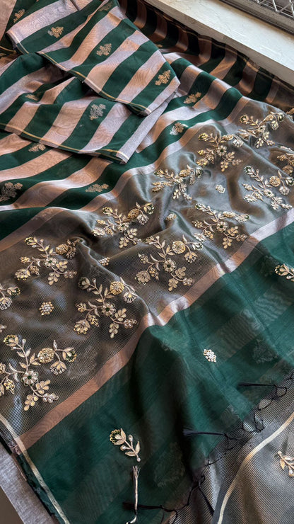Zardozi Floral Panel On Striped Banarasi Silk · 52 Artisan Hours of work · The Sunehri Edit