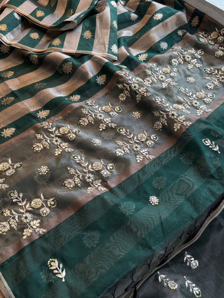Royal Striped Banarasi Silk Saree With Handcrafted Zardozi Floral Panel