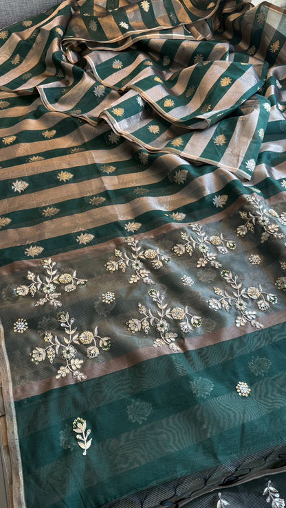 Zardozi Floral Panel On Striped Banarasi Silk · 52 Artisan Hours of work · The Sunehri Edit