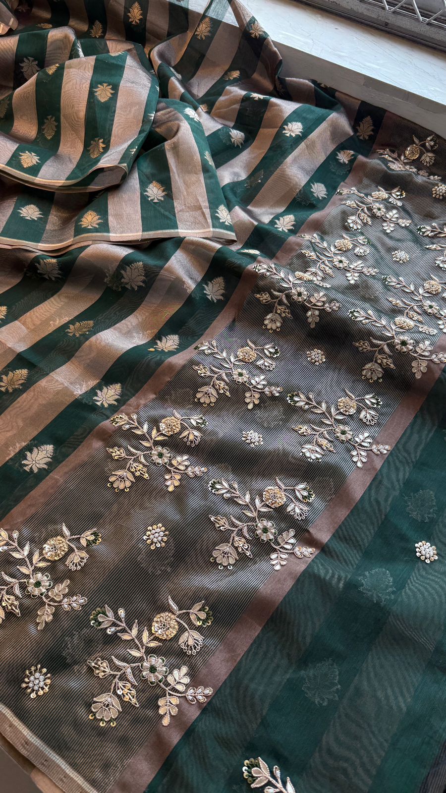 Zardozi Floral Panel On Striped Banarasi Silk · 52 Artisan Hours of work · The Sunehri Edit