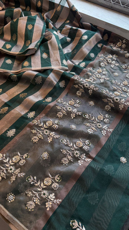 Zardozi Floral Panel On Striped Banarasi Silk · 52 Artisan Hours of work · The Sunehri Edit