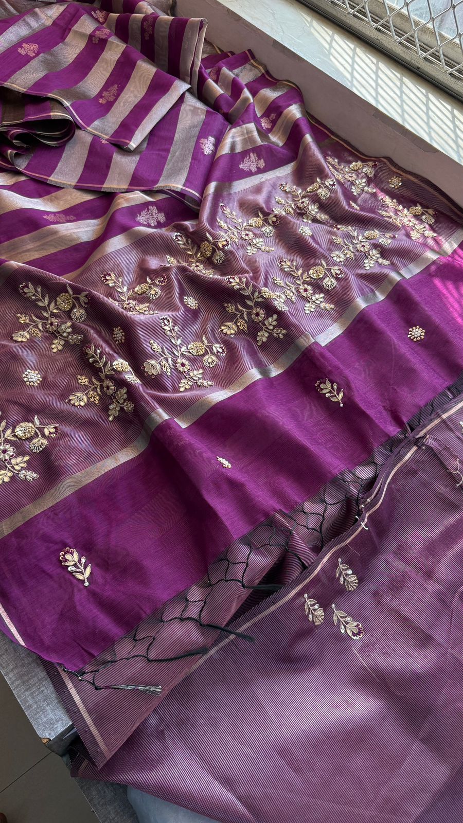 Zardozi Floral Panel On Striped Banarasi Silk · 52 Artisan Hours of work · The Sunehri Edit