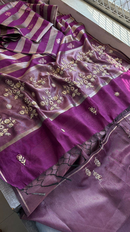 Zardozi Floral Panel On Striped Banarasi Silk · 52 Artisan Hours of work · The Sunehri Edit