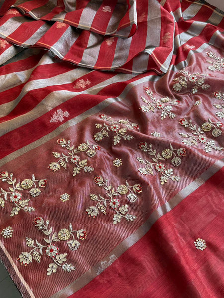 Royal Striped Banarasi Silk Saree With Handcrafted Zardozi Floral Panel