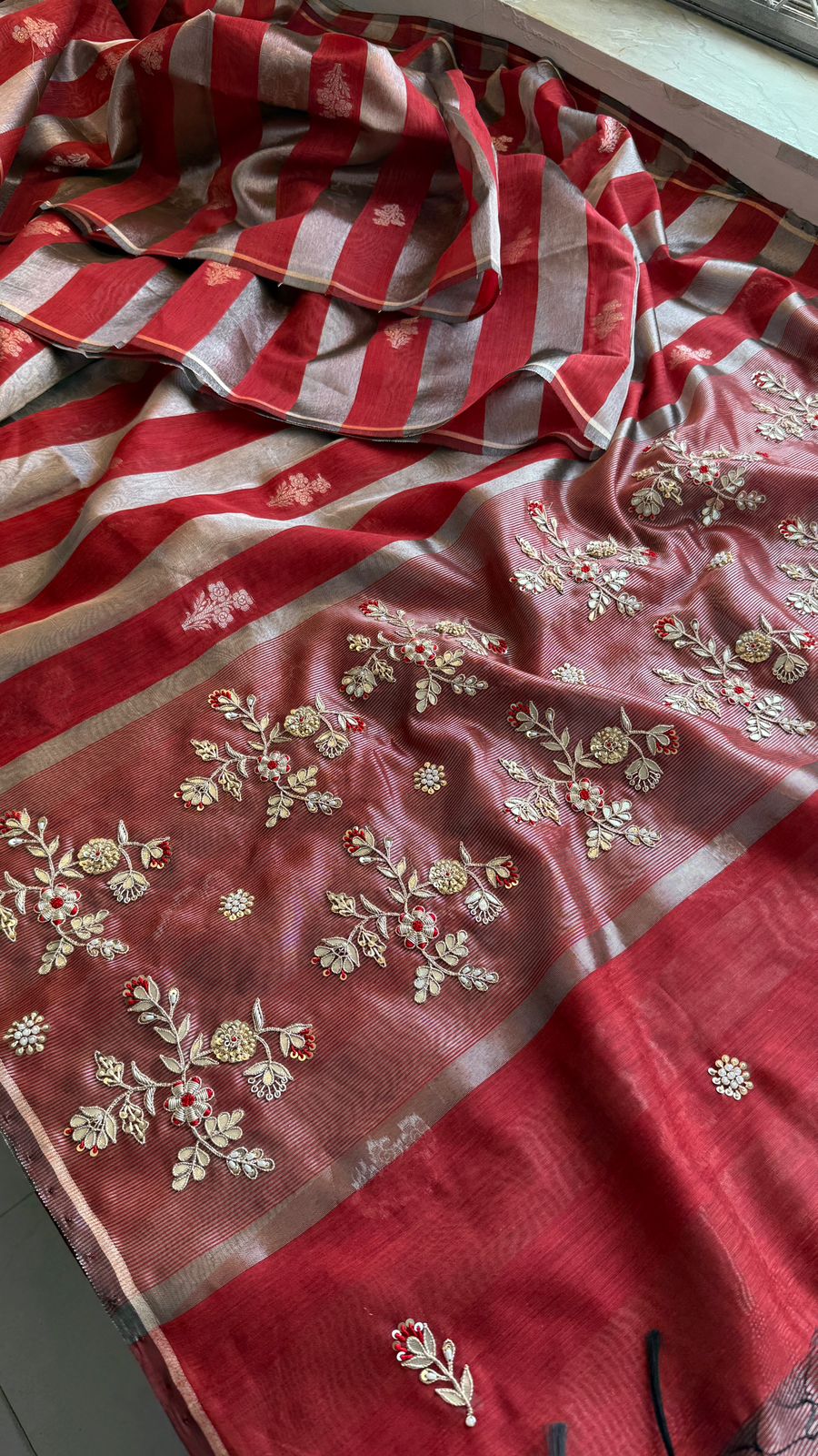 Zardozi Floral Panel On Striped Banarasi Silk · 52 Artisan Hours of work · The Sunehri Edit