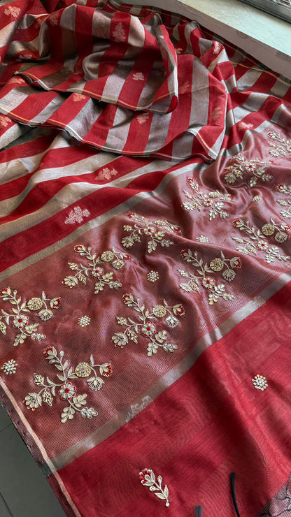 Zardozi Floral Panel On Striped Banarasi Silk · 52 Artisan Hours of work · The Sunehri Edit