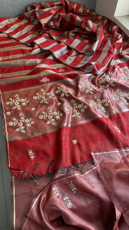 Zardozi Floral Panel On Striped Banarasi Silk · 52 Artisan Hours of work · The Sunehri Edit