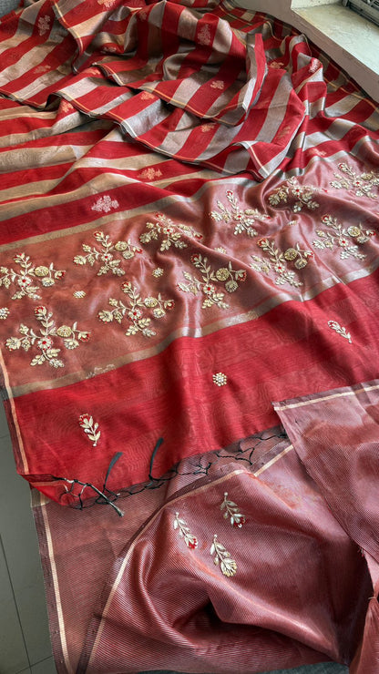 Zardozi Floral Panel On Striped Banarasi Silk · 52 Artisan Hours of work · The Sunehri Edit