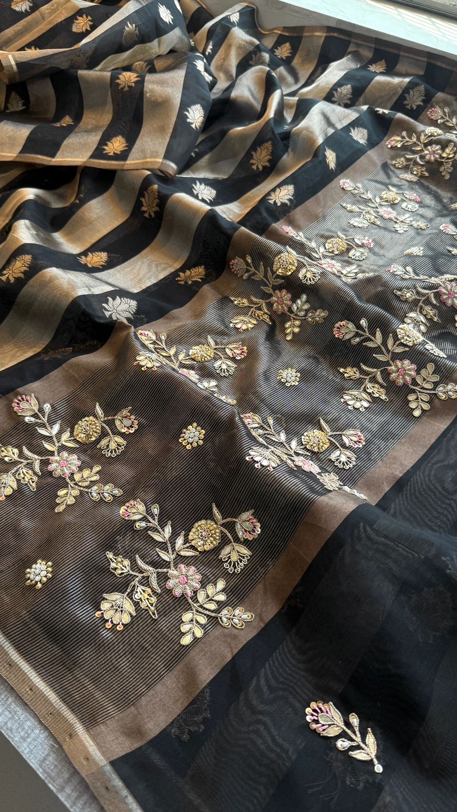 Zardozi Floral Panel On Striped Banarasi Silk · 52 Artisan Hours of work · The Sunehri Edit