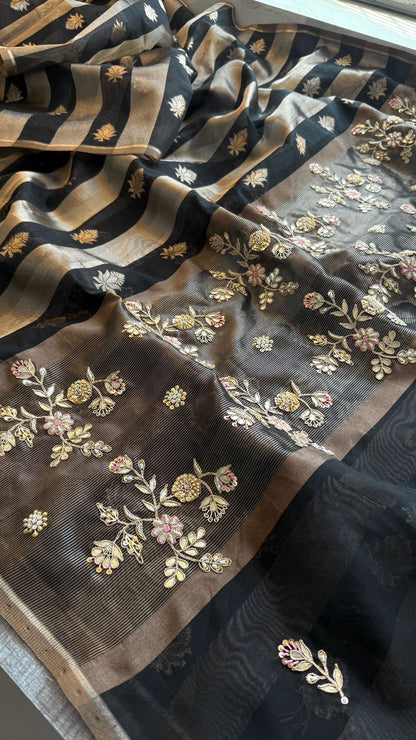 Zardozi Floral Panel On Striped Banarasi Silk · 52 Artisan Hours of work · The Sunehri Edit