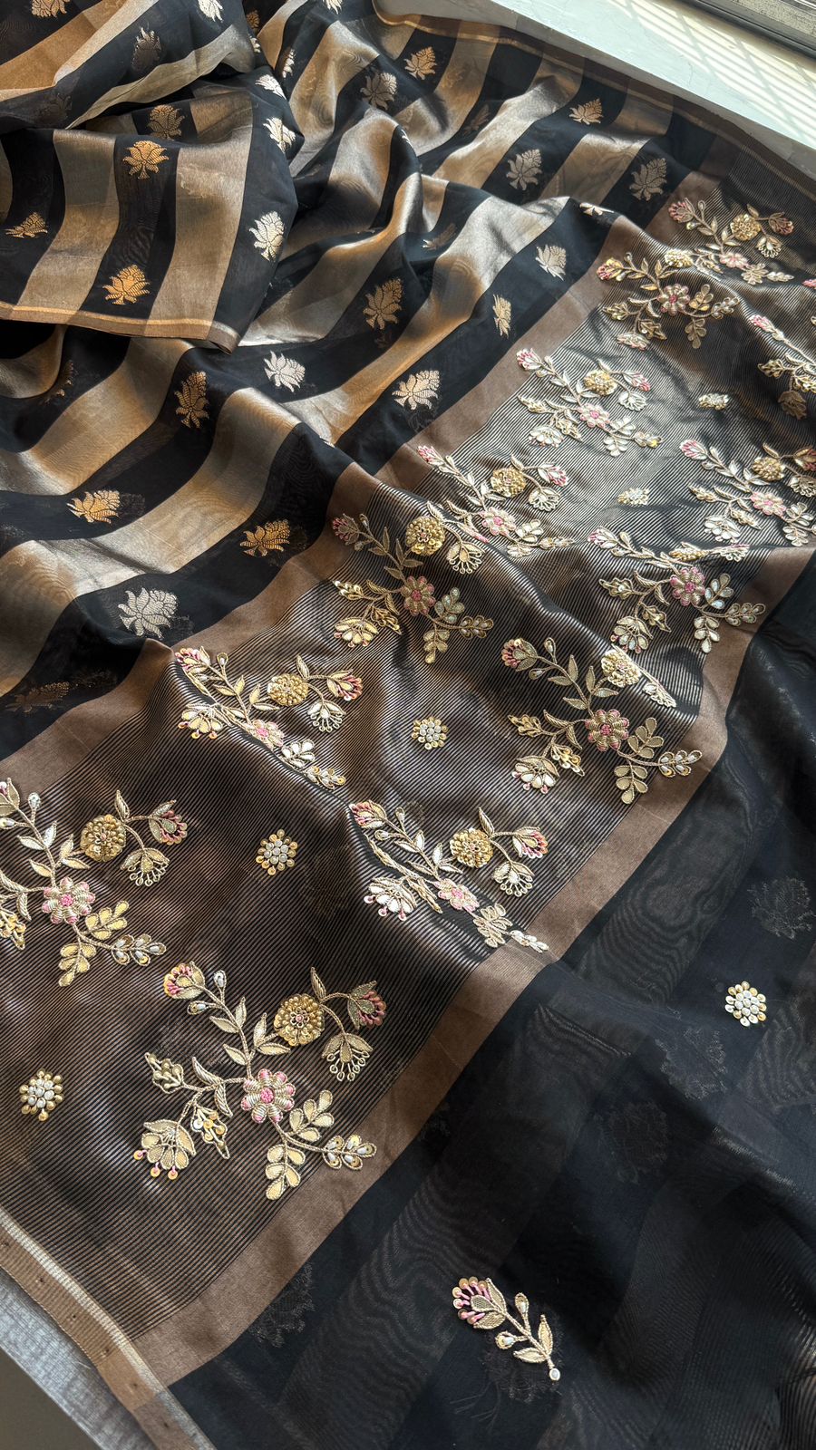 Zardozi Floral Panel On Striped Banarasi Silk · 52 Artisan Hours of work · The Sunehri Edit