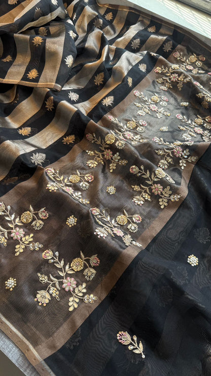 Zardozi Floral Panel On Striped Banarasi Silk · 52 Artisan Hours of work · The Sunehri Edit