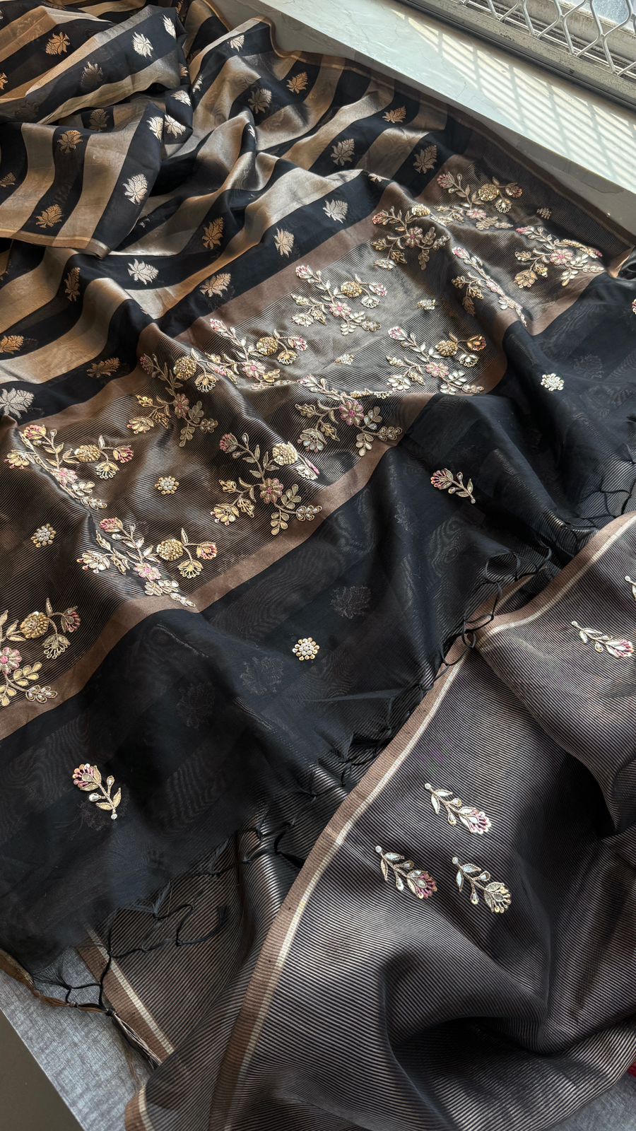 Zardozi Floral Panel On Striped Banarasi Silk · 52 Artisan Hours of work · The Sunehri Edit