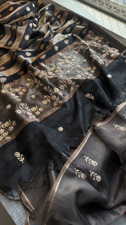 Zardozi Floral Panel On Striped Banarasi Silk · 52 Artisan Hours of work · The Sunehri Edit
