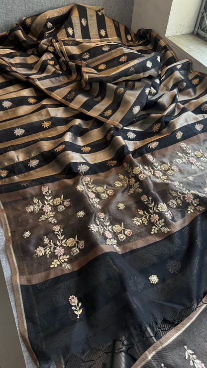 Zardozi Floral Panel On Striped Banarasi Silk · 52 Artisan Hours of work · The Sunehri Edit