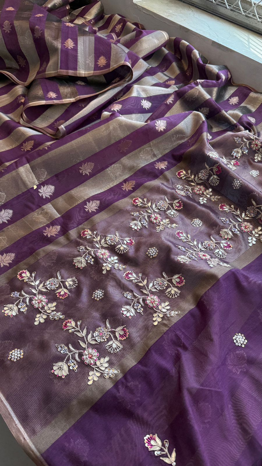 Zardozi Floral Panel On Striped Banarasi Silk · 52 Artisan Hours of work · The Sunehri Edit