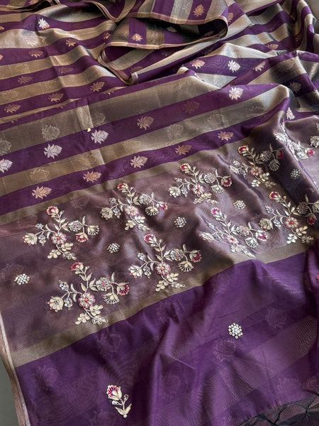 Royal Striped Banarasi Silk Saree With Handcrafted Zardozi Floral Panel