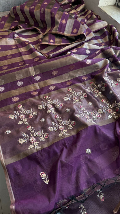 Zardozi Floral Panel On Striped Banarasi Silk · 52 Artisan Hours of work · The Sunehri Edit