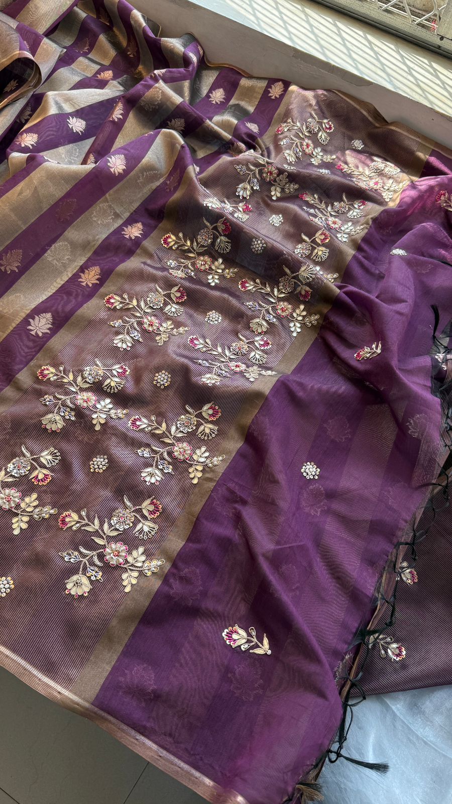 Zardozi Floral Panel On Striped Banarasi Silk · 52 Artisan Hours of work · The Sunehri Edit