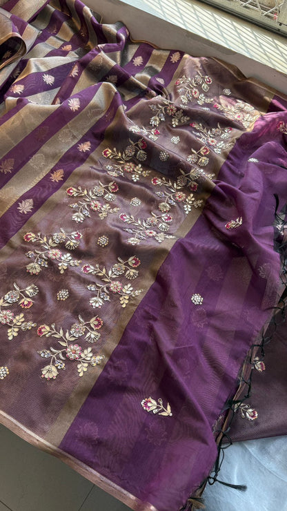 Zardozi Floral Panel On Striped Banarasi Silk · 52 Artisan Hours of work · The Sunehri Edit