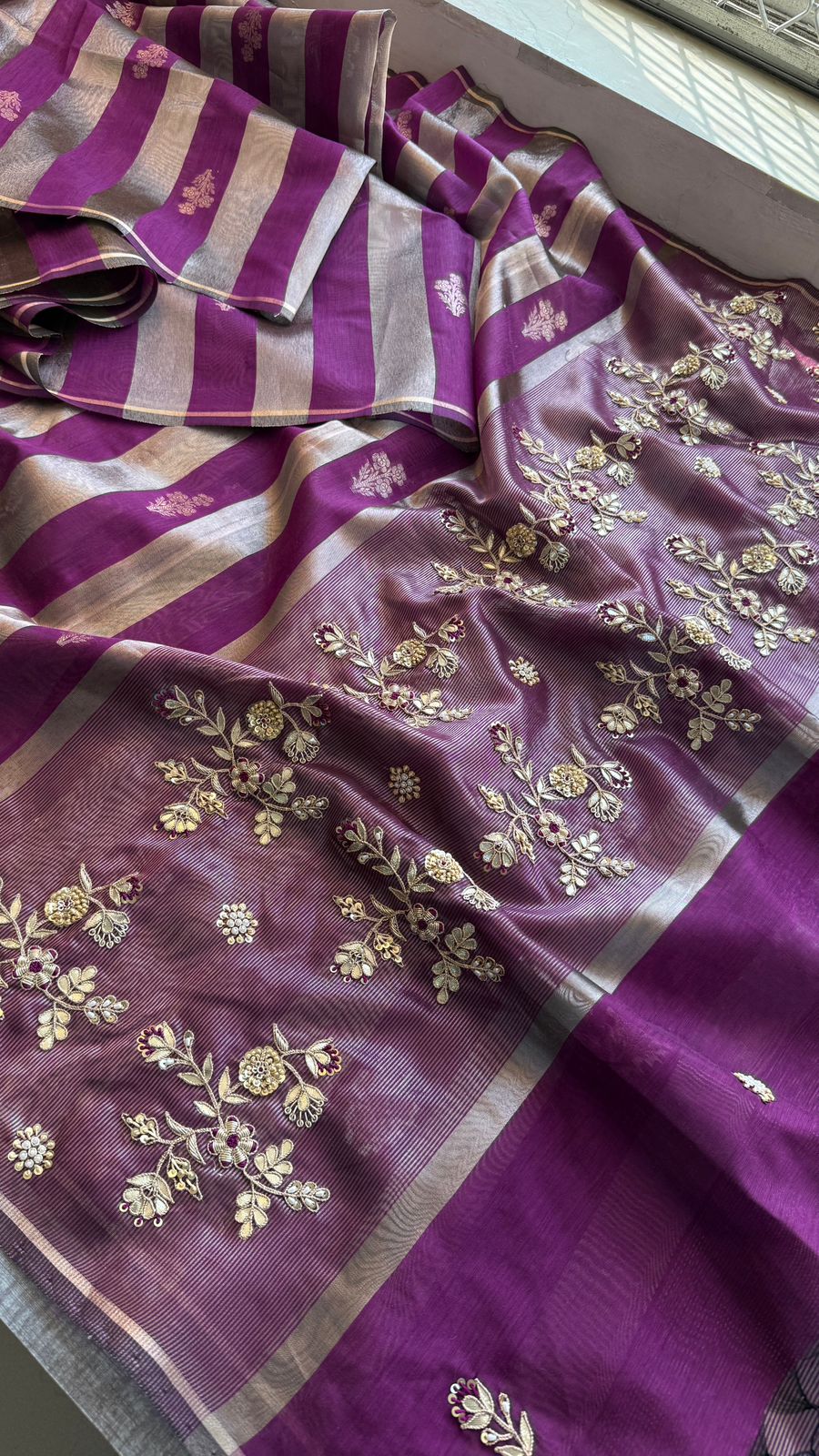 Zardozi Floral Panel On Striped Banarasi Silk · 52 Artisan Hours of work · The Sunehri Edit