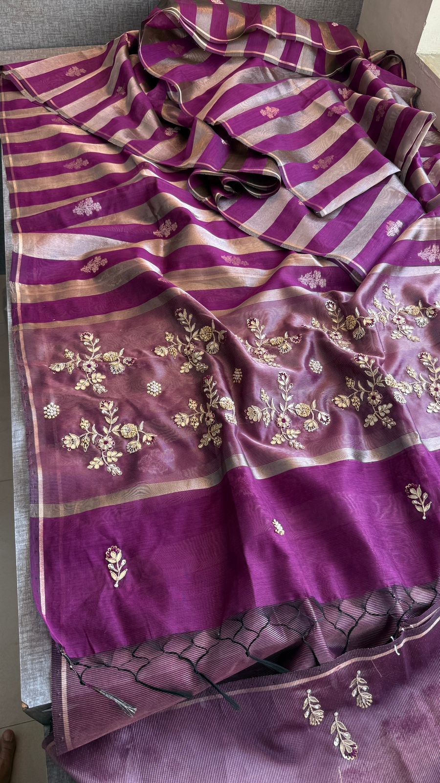 Zardozi Floral Panel On Striped Banarasi Silk · 52 Artisan Hours of work · The Sunehri Edit