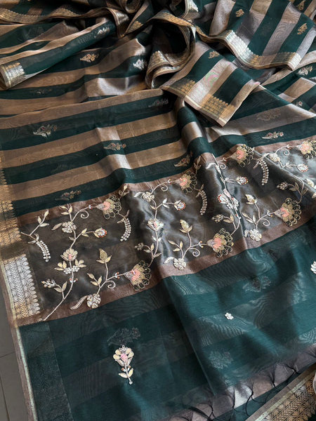 Royal Heritage Striped Banarasi Silk Saree With Multicolor Zardozi Floral Panel