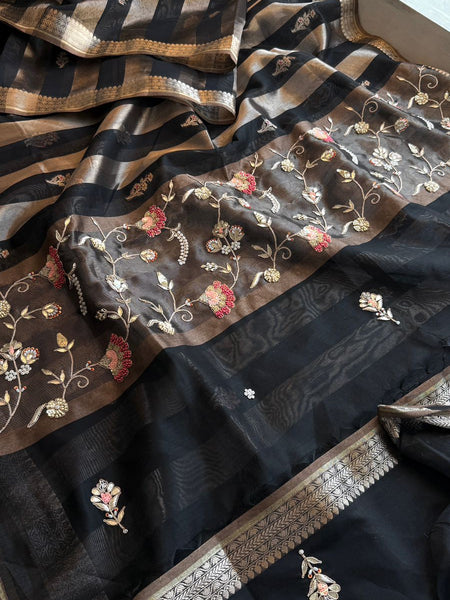 Royal Heritage Striped Banarasi Silk Saree With Multicolor Zardozi Floral Panel