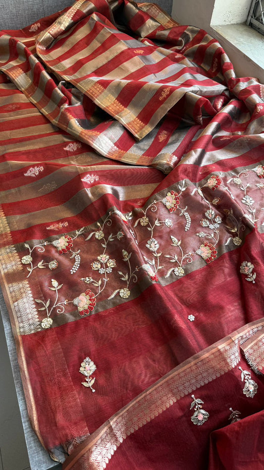 Zardozi Multicolor Floral On Striped Banarasi Silk · 56 Artisan Hours of work · The Virasat Edit