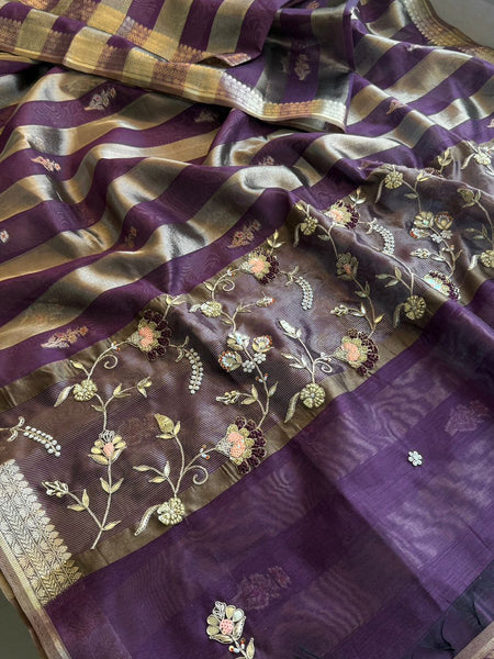 Royal Heritage Striped Banarasi Silk Saree With Multicolor Zardozi Floral Panel