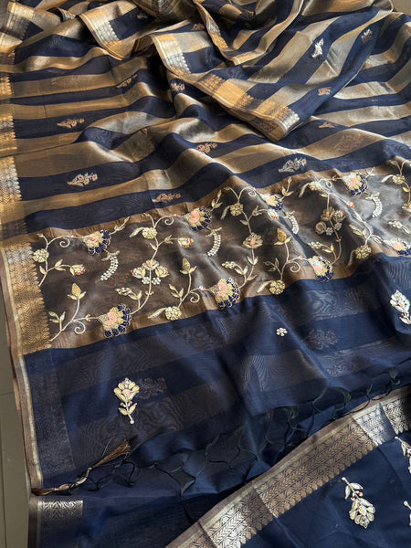 Royal Heritage Striped Banarasi Silk Saree With Multicolor Zardozi Floral Panel