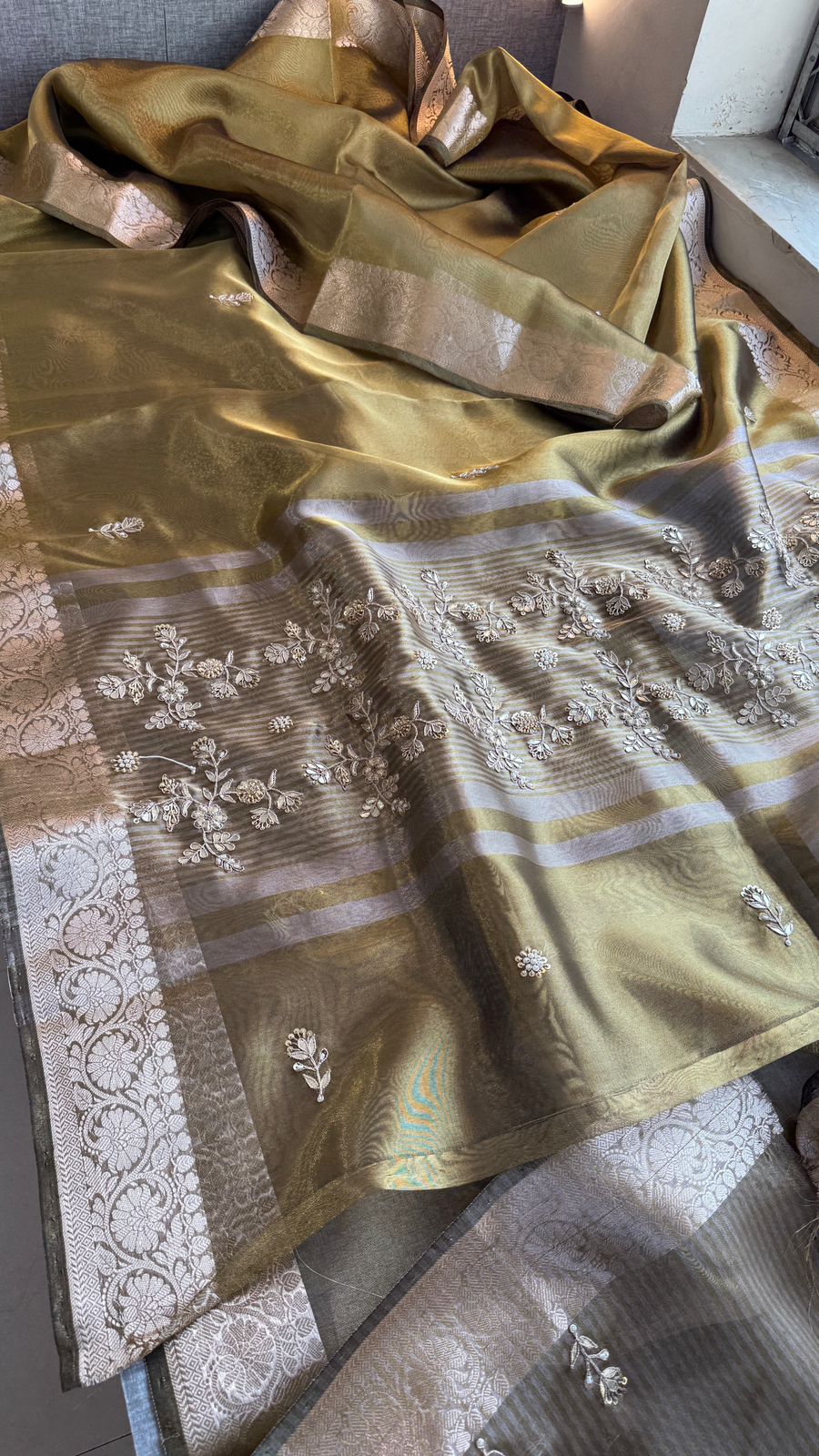Zardozi Floral Border On Soft Tissue Banarasi Silk · 52 Artisan Hours of work · The Jashn Edit