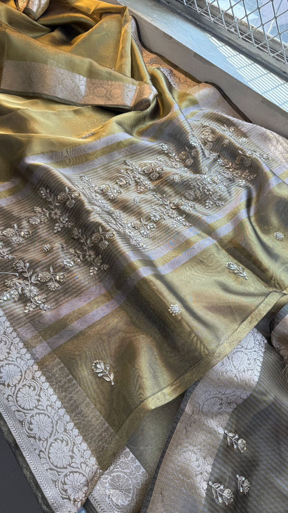 Zardozi Floral Border On Soft Tissue Banarasi Silk · 52 Artisan Hours of work · The Jashn Edit