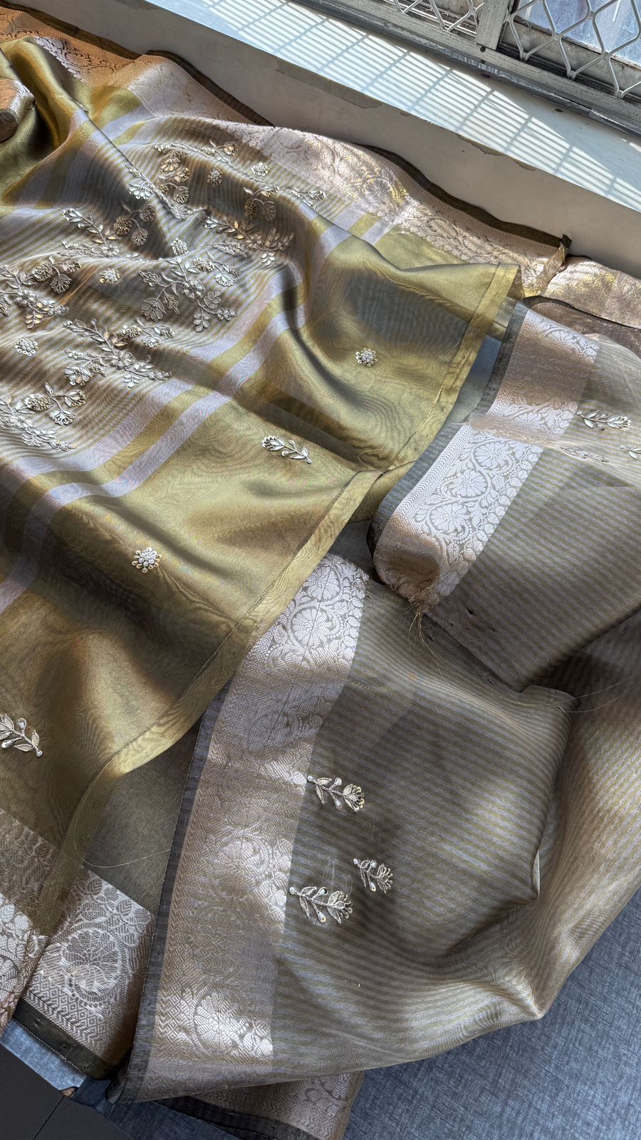 Zardozi Floral Border On Soft Tissue Banarasi Silk · 52 Artisan Hours of work · The Jashn Edit