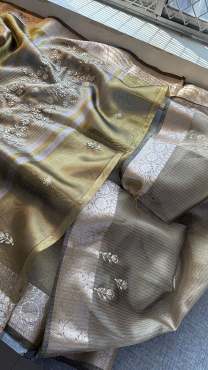 Zardozi Floral Border On Soft Tissue Banarasi Silk · 52 Artisan Hours of work · The Jashn Edit