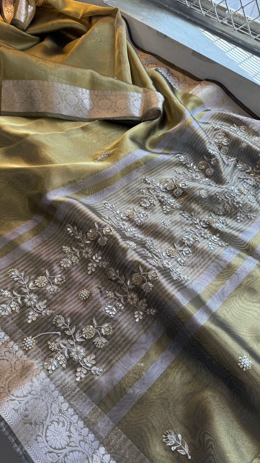 Zardozi Floral Border On Soft Tissue Banarasi Silk · 52 Artisan Hours of work · The Jashn Edit