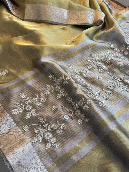 Regal Soft Tissue Banarasi Silk Saree With Handcrafted Zardozi Floral Border